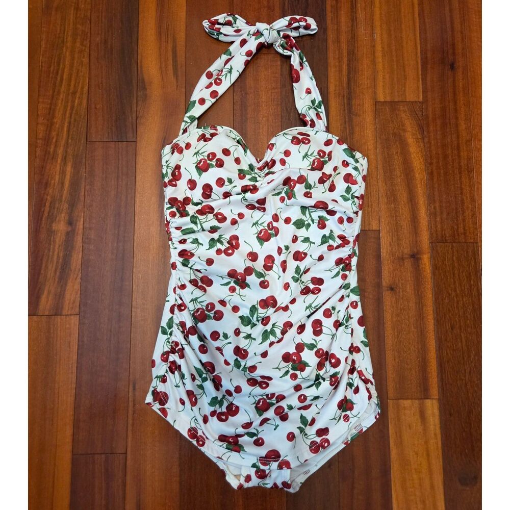 Vintage 80s 90s One-piece Halter Swimsuit Sz8 Cherry Design Rouche Waist